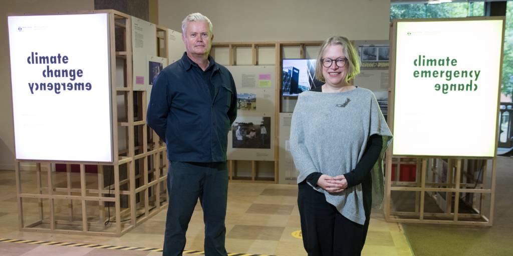 Professor Julie Sanders, Deputy Vice-Chancellor and Provost, and Matthew Jarratt at the Climate-Emergency-Change exhibition