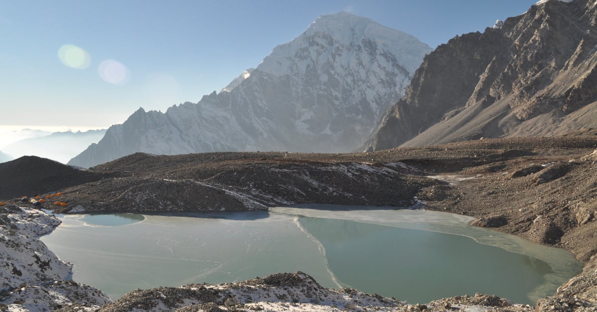 A mountain range showing melting and retreating glaciers of the Himalayas.