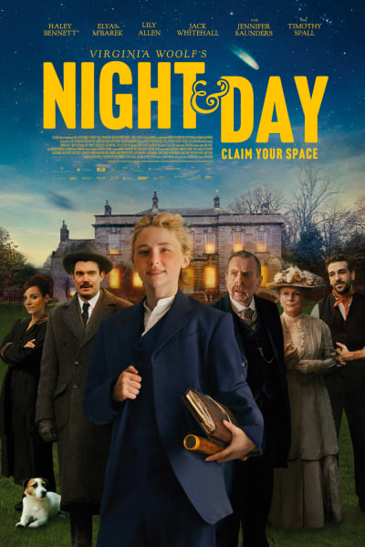A movie poster for 'Night and Day', featuring the protagonist - a woman in a blue suit carrying a book and telescope - stands before a cast of five others wearing Victorian clothing. Behind them is a stately home with the windows illuminated. A jack russell dog lies in the grass in the bottom left of the poster.