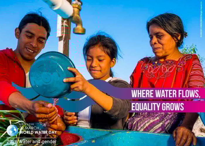 A man and woman assist a young girl in pouring water from a bowl. Text to the right reads: 'Where water flows, equality grows'.