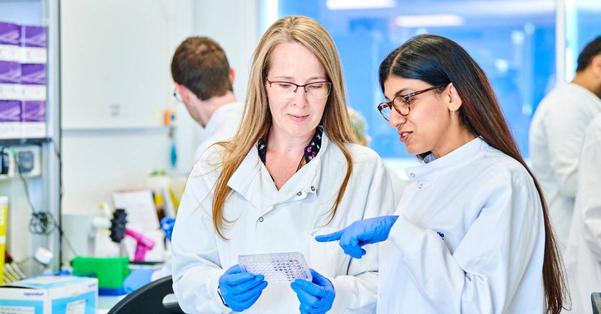 Two researchers based at the Newcastle University Centre for Cancer inspect test samples