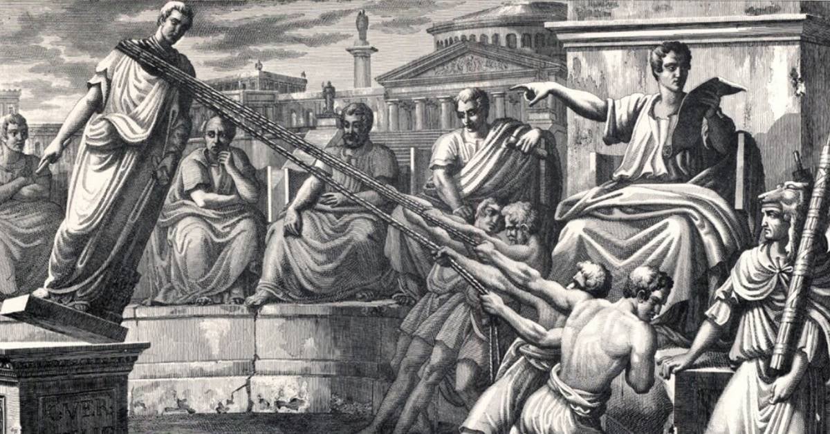 Removal of the Statue of Verres in Centoripi (Sicily) by order of the senate. Engraving by Tomaso De Vivo (1790-1884). Public domain. 