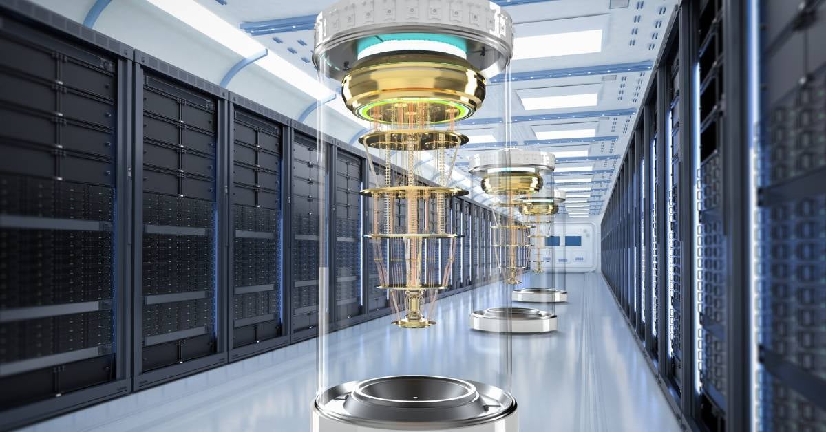 Image of a quantum server network with quantum computer machine in server room