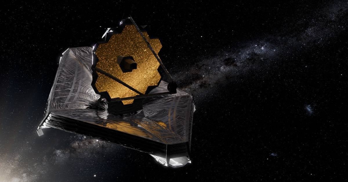 Image shows a rendering of the James Webb Space Telescope (JWST) suspended in space.