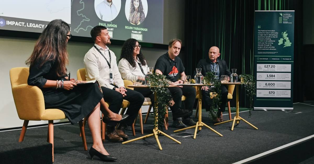 Dr Ashmita Randhawa leading a panel (from left to right) Paul Hands, Rojin Yarahmadi, Mark Little and Barry Hodgson at NICD’s Impact, Legacy, Future event.