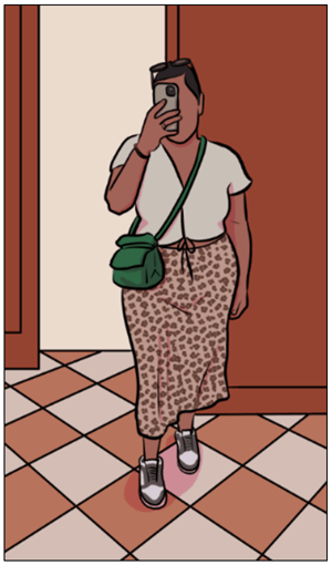 Illustration of a woman taking a selfie in a mirror with the phone covering her face. She has short black hair, sunglasses on top of her head, a forest green crossbody bag, a beige v-neck shirt, leopard print maxi skirt, and trainers.