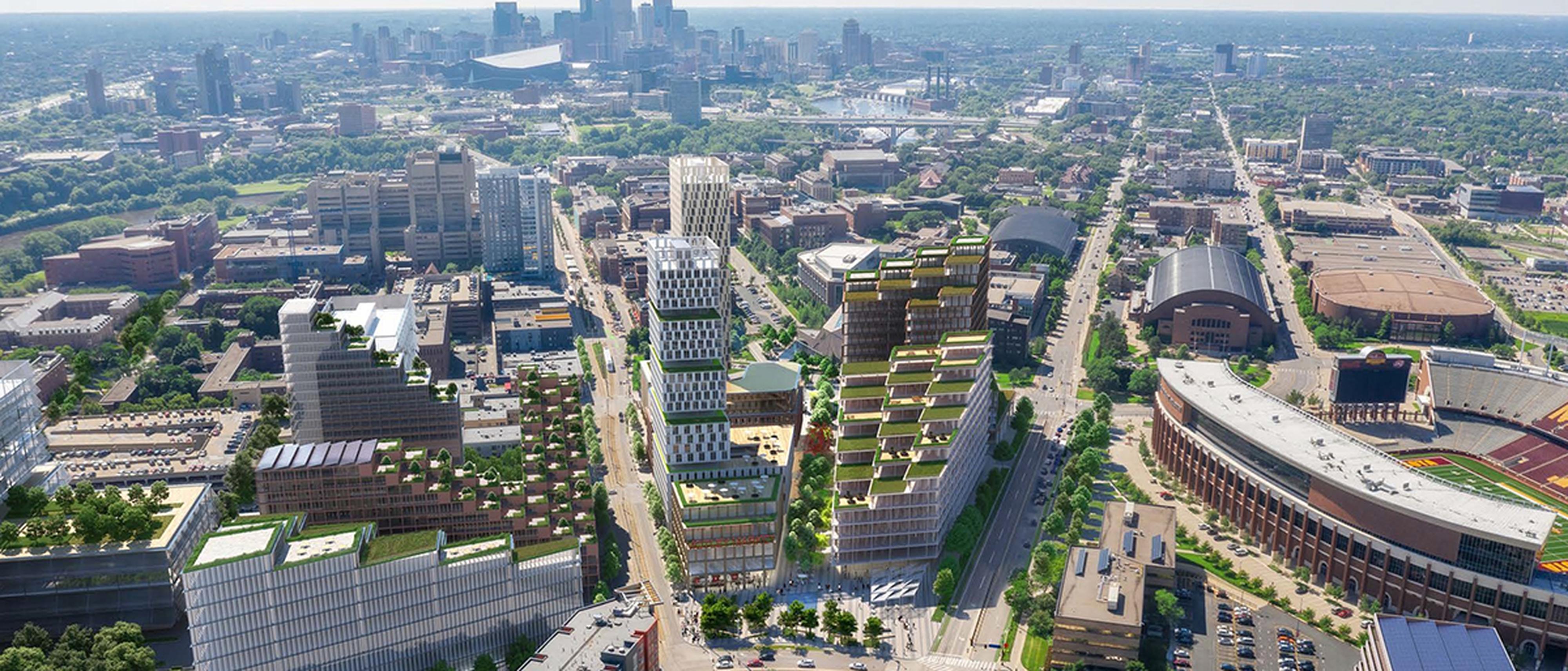 Aerial view of the Minnesota Innovation Exchange (MIX) and the surrounding city.