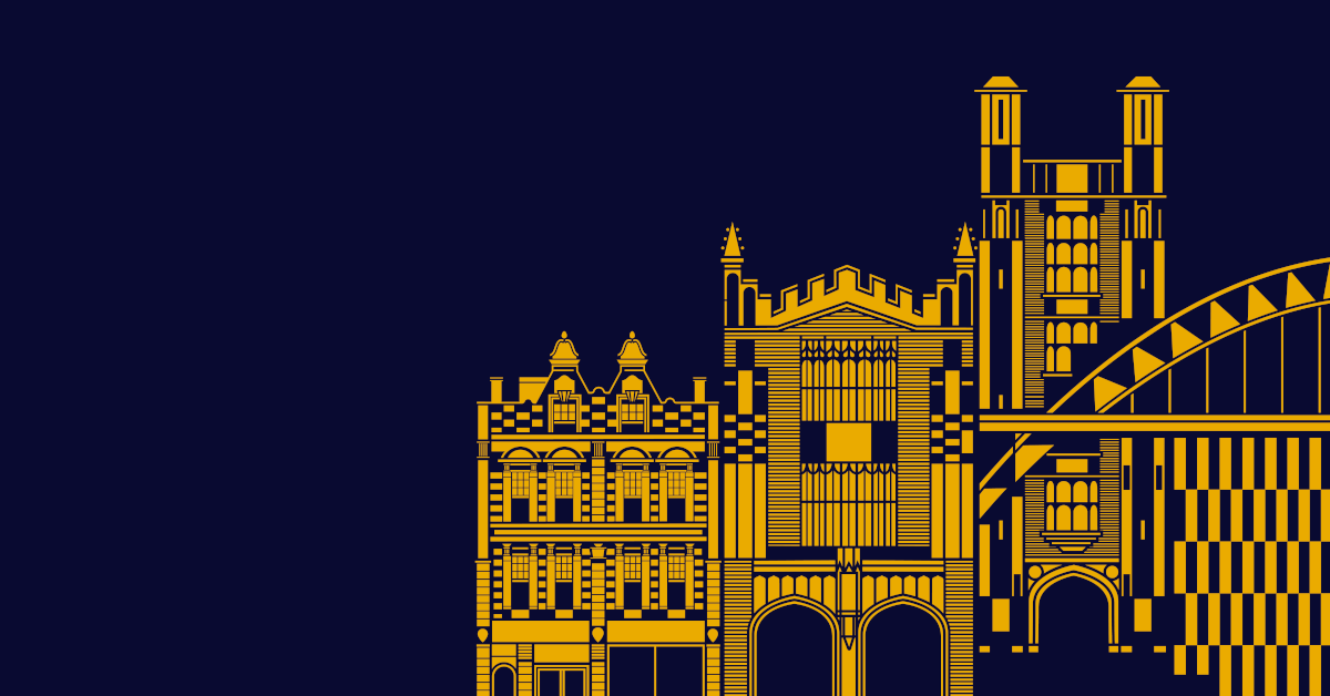 An illustration in gold of various university buildings, set against a navy blue background.