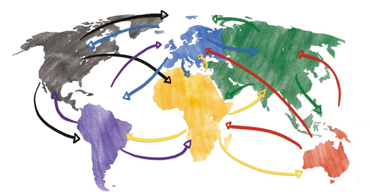 An illustrated map of the world with arrows suggesting movement.