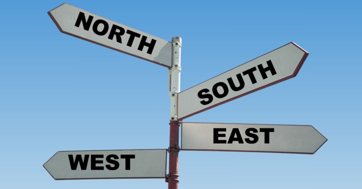 Signpost pointing to north, south, east, and west