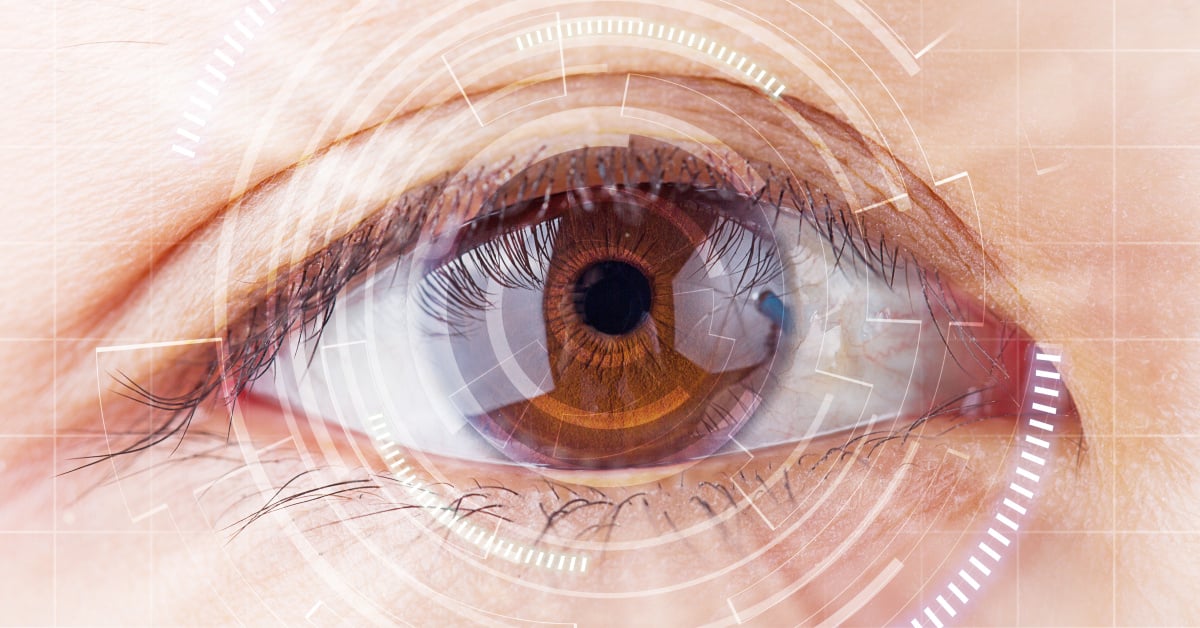 Focused shot of a brown human eye looking to the camera. A grid covers the image, as if the eye is being examined by equipment.