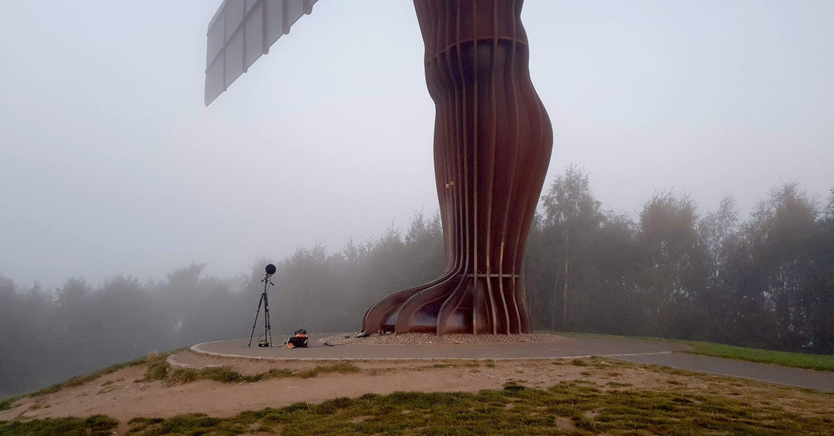 Angel of the North with recording equipment