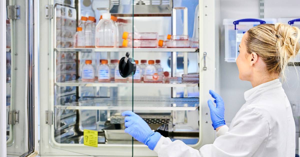 A researcher surveys test samples at Newcastle University's Centre for Cancer