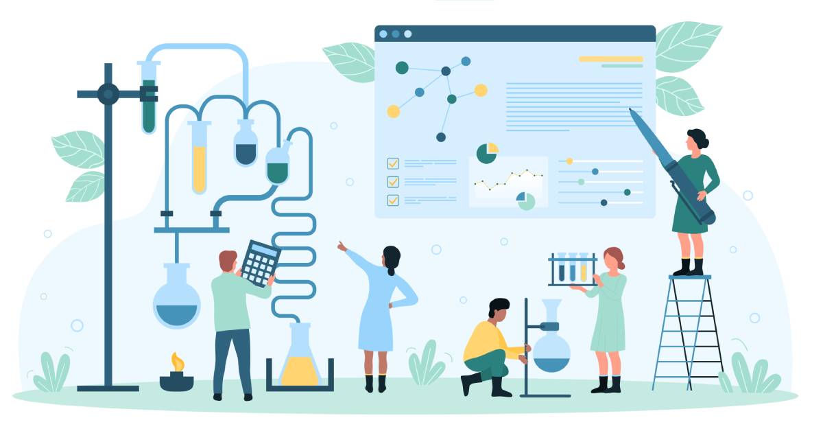 image shows illustration of researchers doing experiments and working together