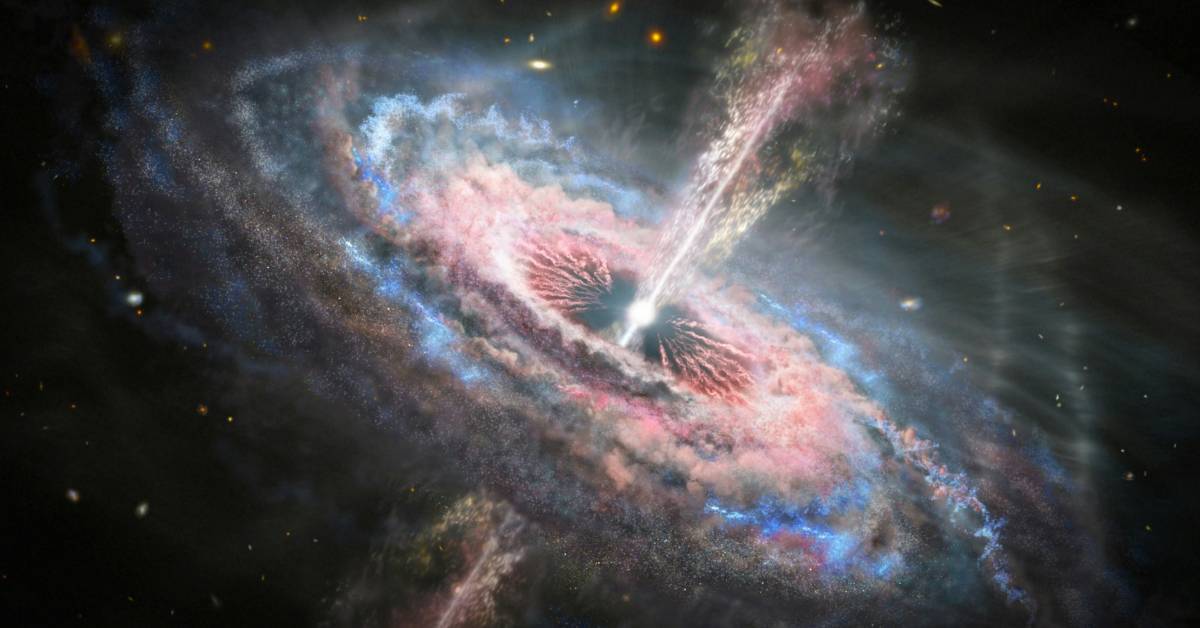 Image shows artist's artist's concept of a distant galaxy with an active quasar at its centre
