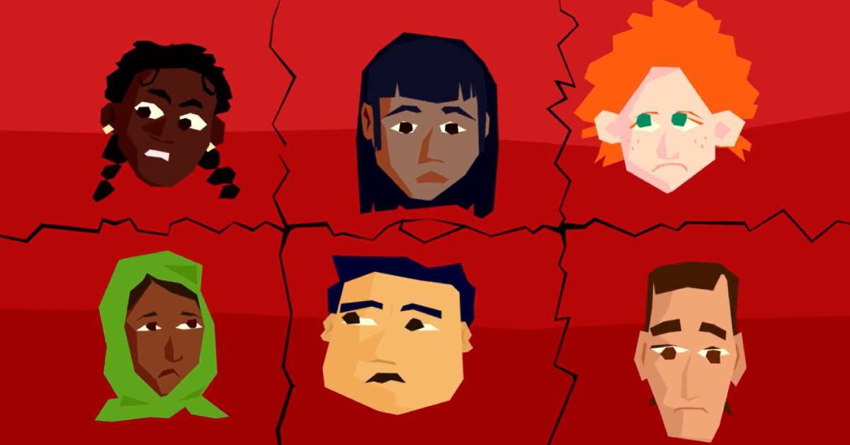 illustration of unhappy faces separated by dividing lines