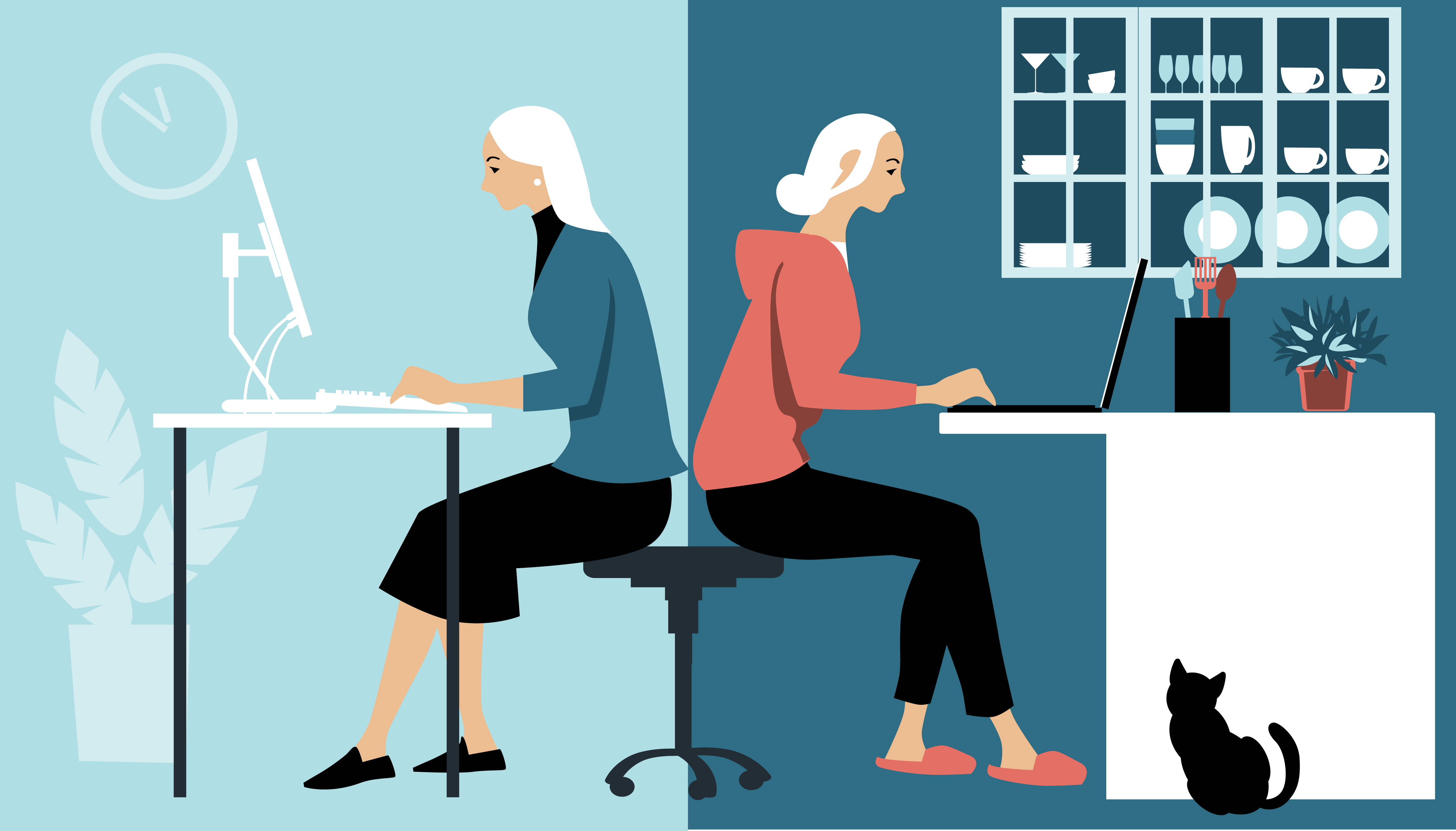 A woman sits at a desk at the office, and opposite, a woman sits at her computer at home